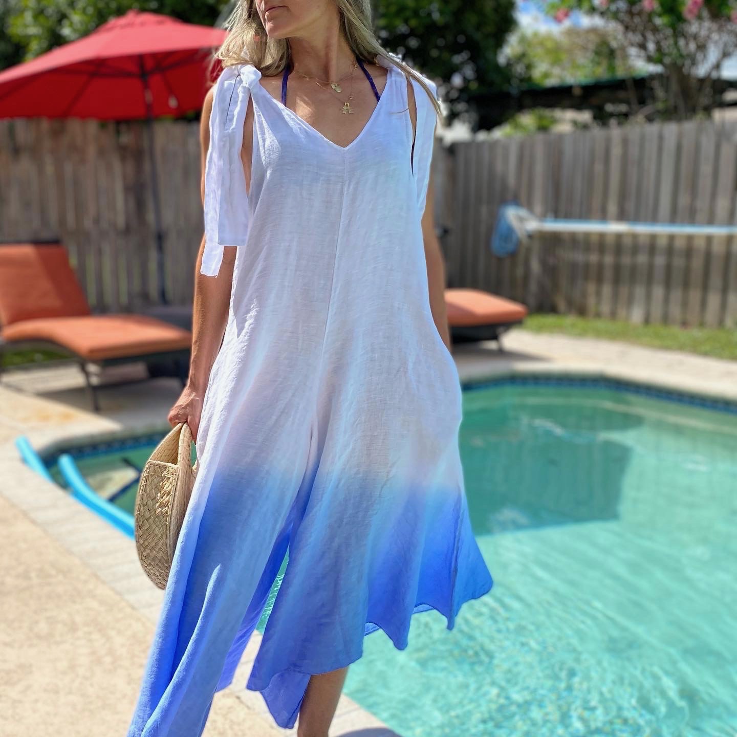 LINEN TIE SHOULDER V-NECK OMBRE DIP DYE WIDE LEG JUMPSUIT