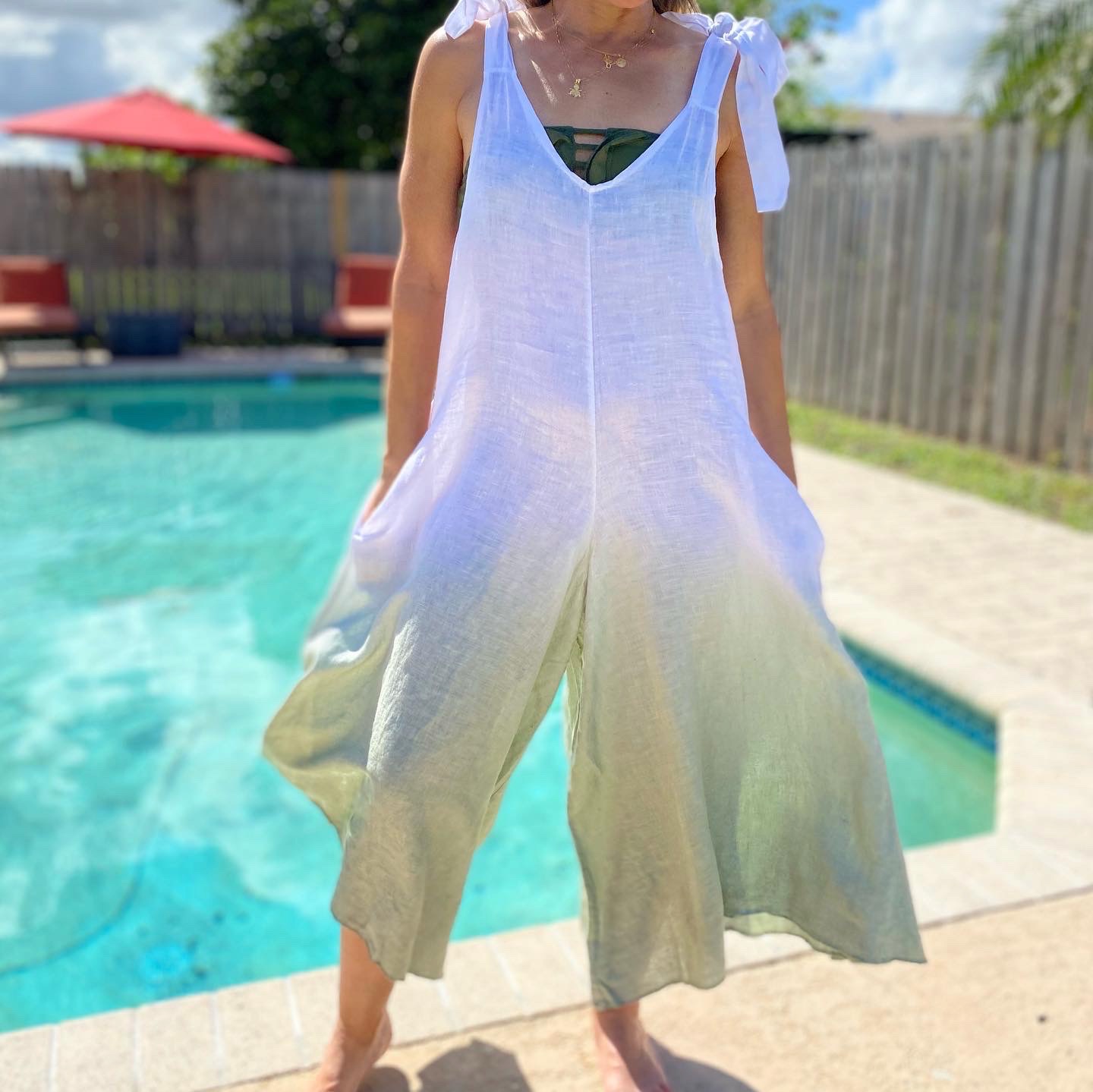 LINEN TIE SHOULDER V-NECK OMBRE DIP DYE WIDE LEG JUMPSUIT