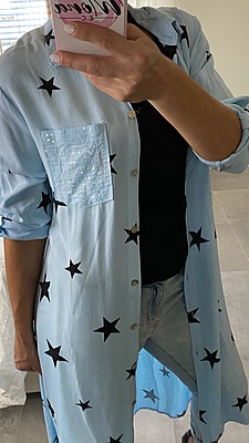ALL OVER STAR BUTTON DOWN DRESS WITH SEQUIN POCKETS