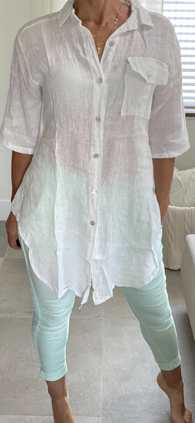 ROLL UP SLEEVE BUTTON DOWN LINEN TOP WITH LEFT POCKET