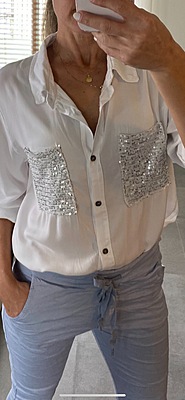 LONG BUTTON DOWN TOP W/SEQUIN POCKETS AND WAIST TIE DETAIL