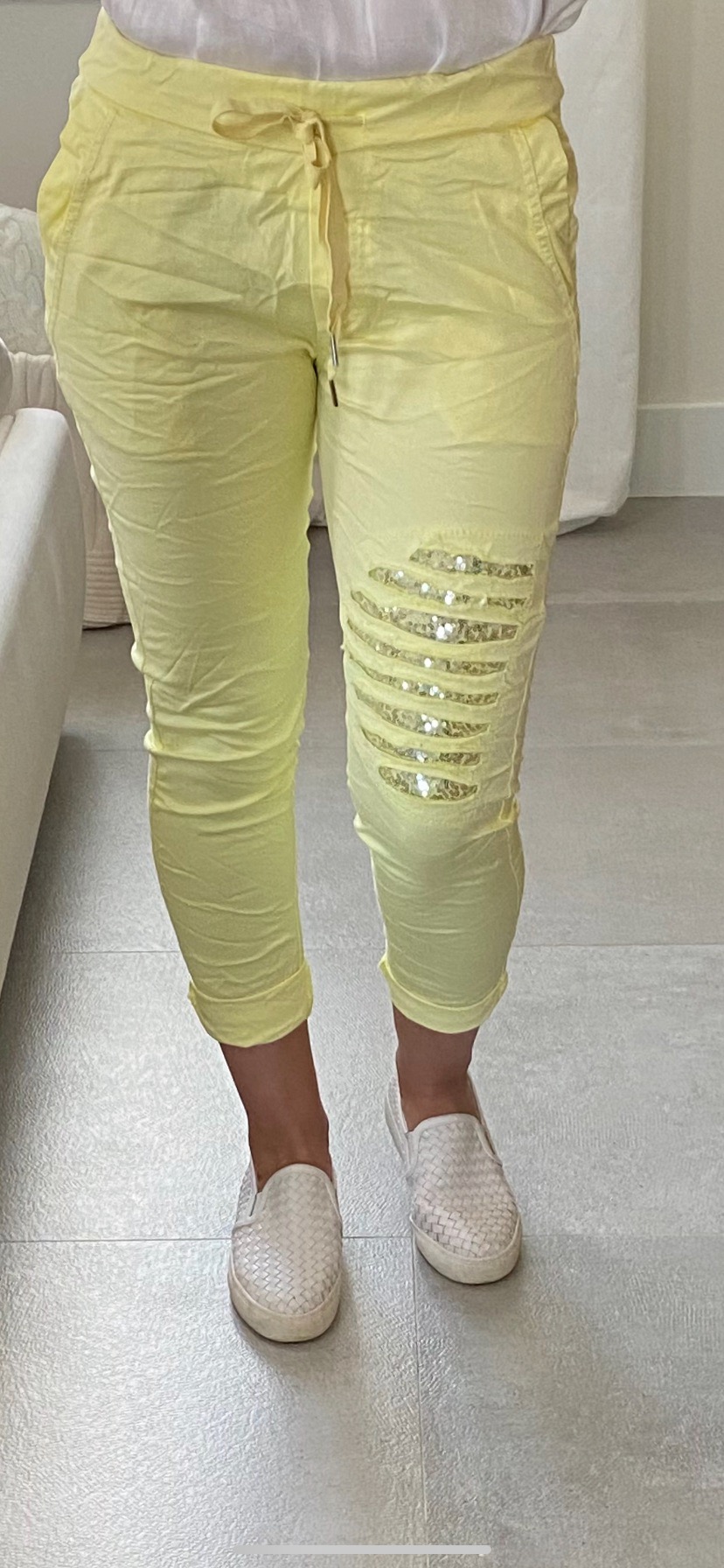 SEQUIN STRIPE KNEE PATCH CRINKLE JOGGER