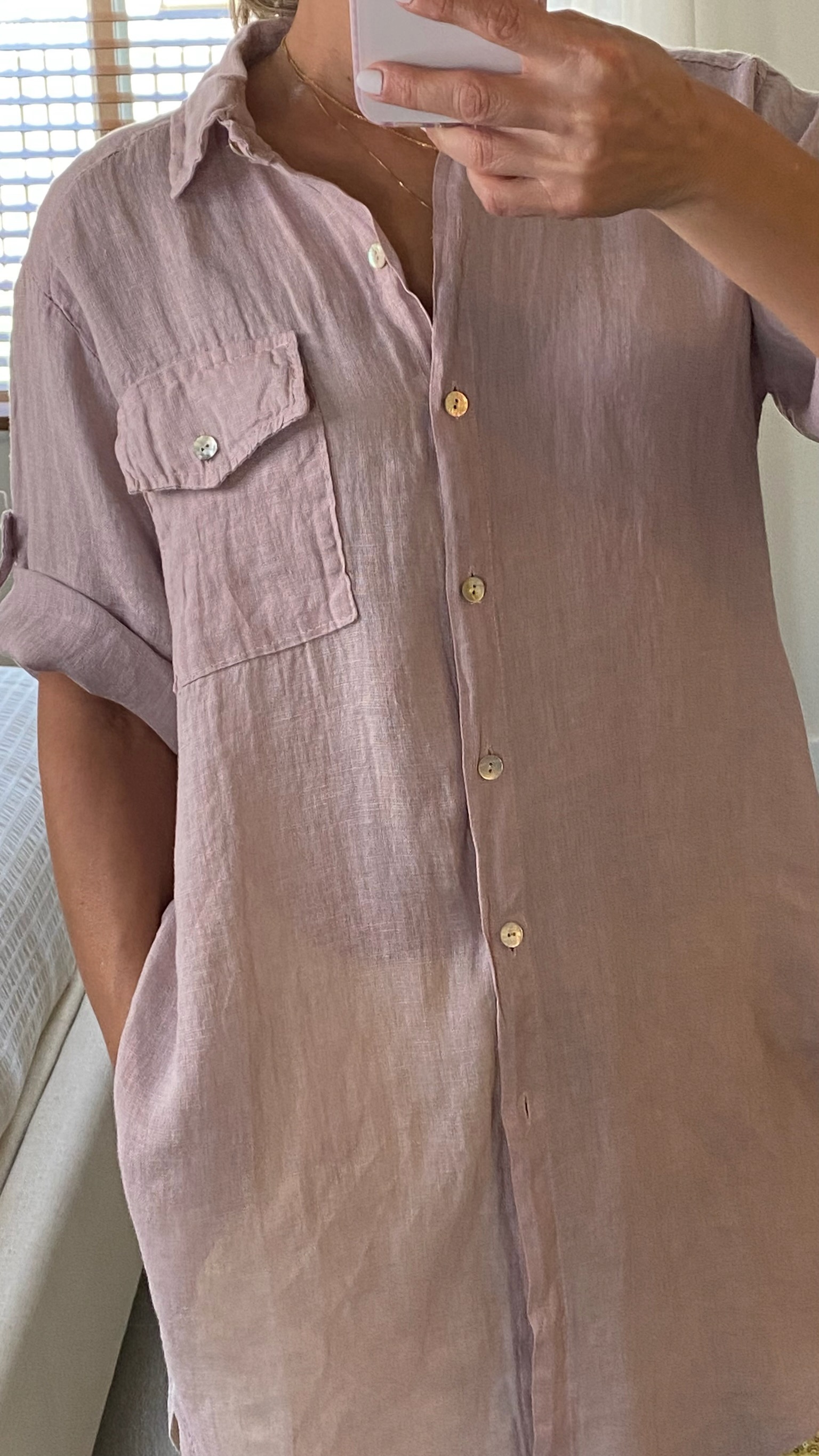 ROLL UP SLEEVE BUTTON DOWN LINEN TOP WITH LEFT POCKET