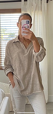 ROLL UP SLEEVE TEXTURED COTTON LINEN HENLEY TOP