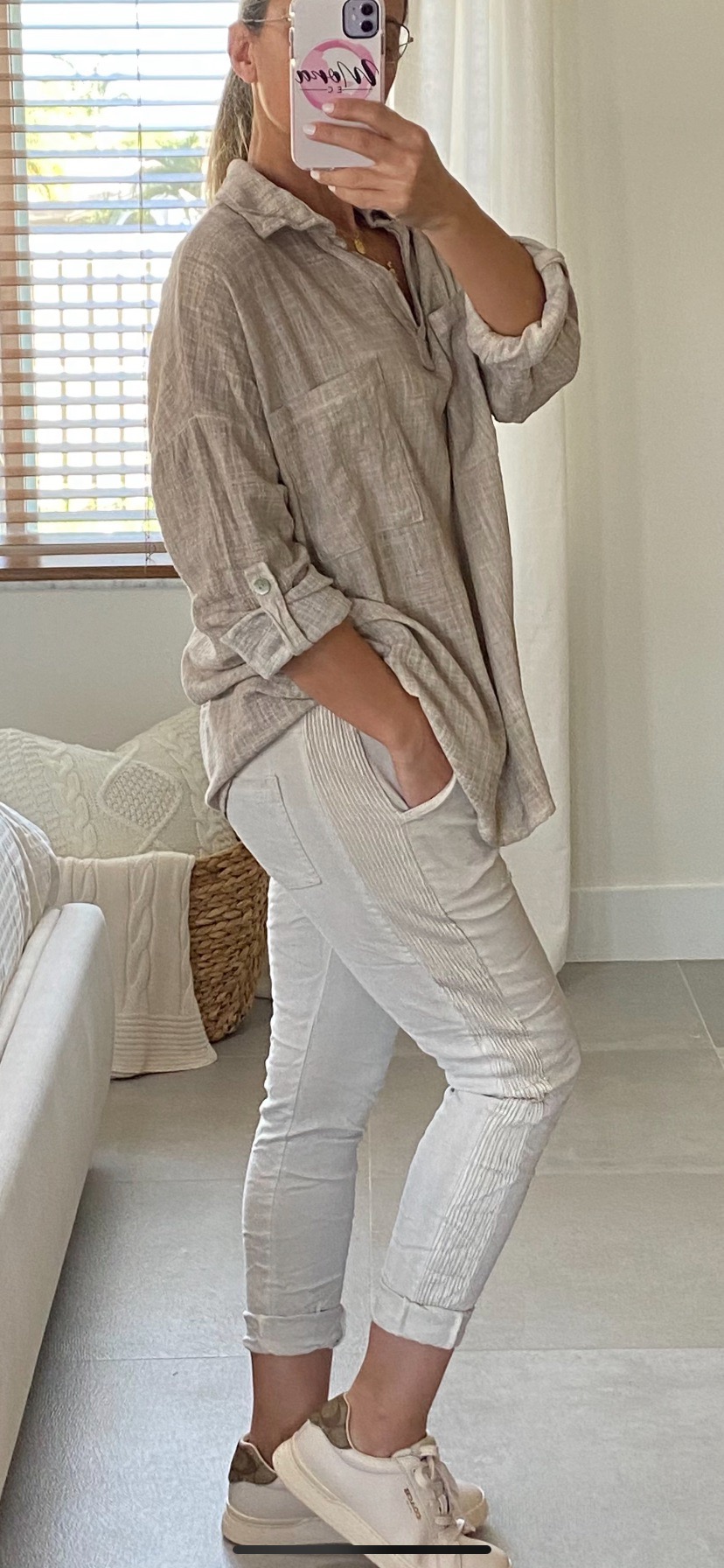ROLL UP SLEEVE TEXTURED COTTON LINEN HENLEY TOP