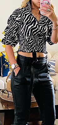 ZEBRA PRINT COLLARED BUTTON CUFFED LONG SLEEVE SMOKED HEM CROPPED BLOUSE 100% POLYESTER