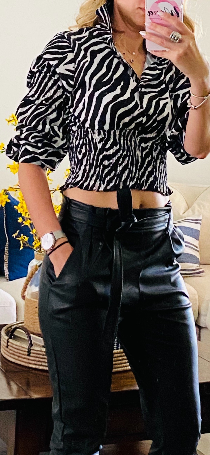 ZEBRA PRINT COLLARED BUTTON CUFFED LONG SLEEVE SMOKED HEM CROPPED BLOUSE 100% POLYESTER