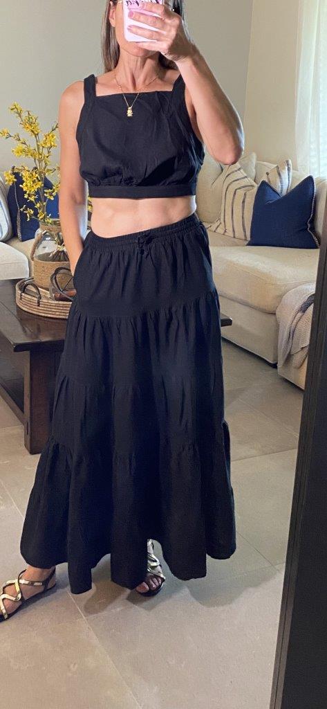 MIX CROP TOP AND RUFFLE TIER MIDI SKIRT