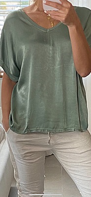 SATIN COTTON V NECK SHORT SLEEVE TOP