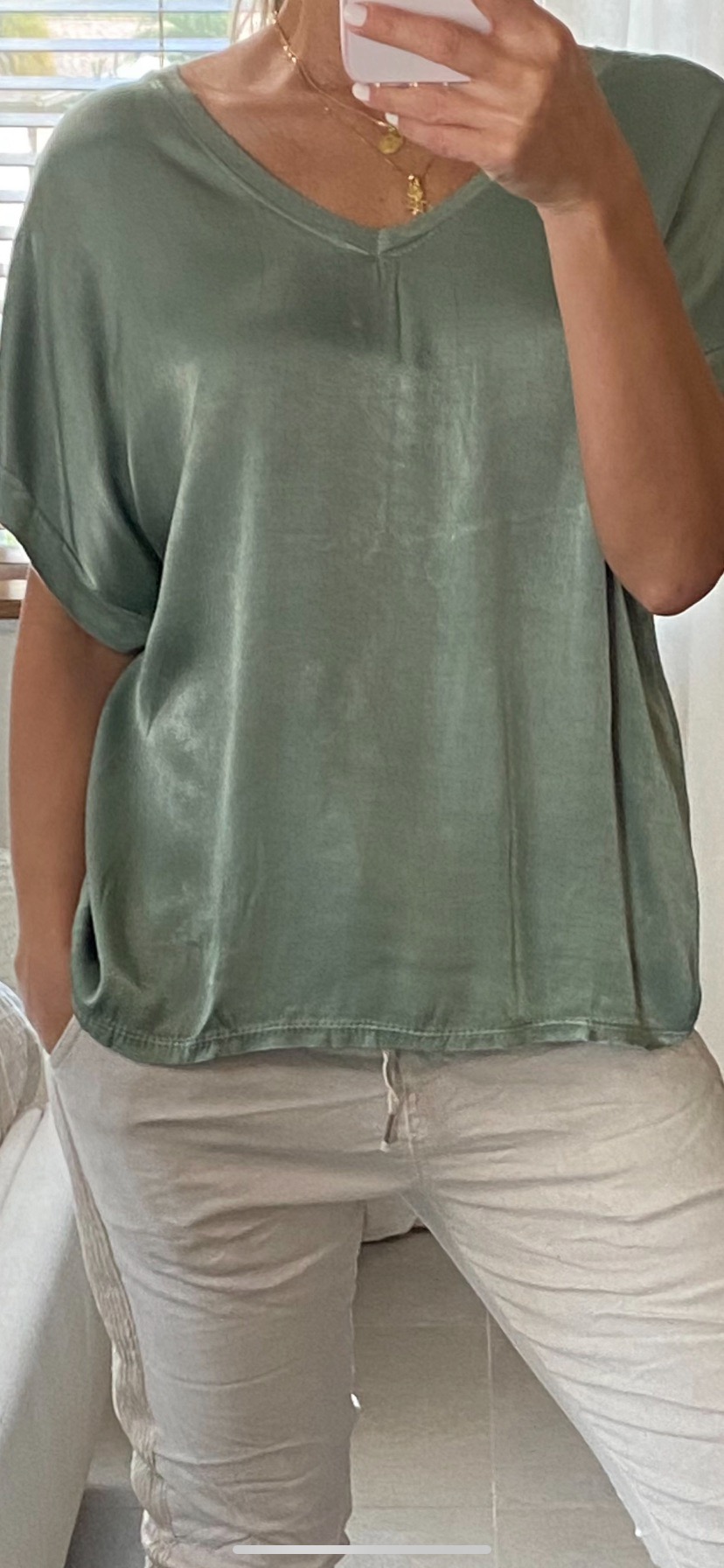 SATIN COTTON V NECK SHORT SLEEVE TOP