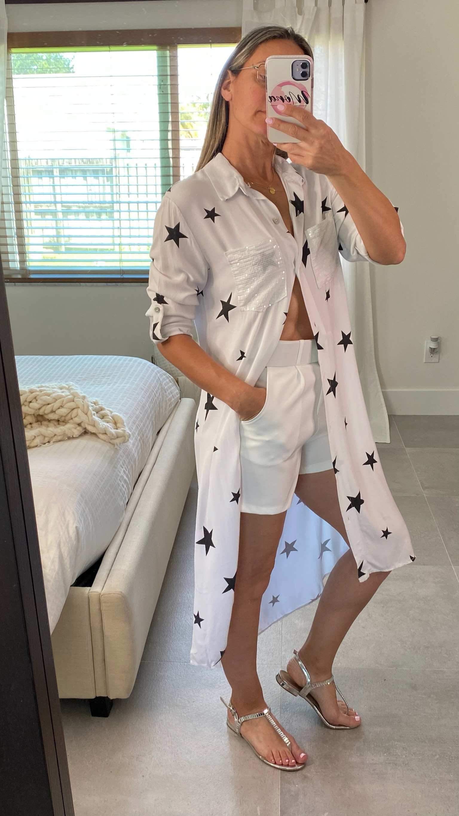 ALL OVER STAR BUTTON DOWN DRESS WITH SEQUIN POCKETS