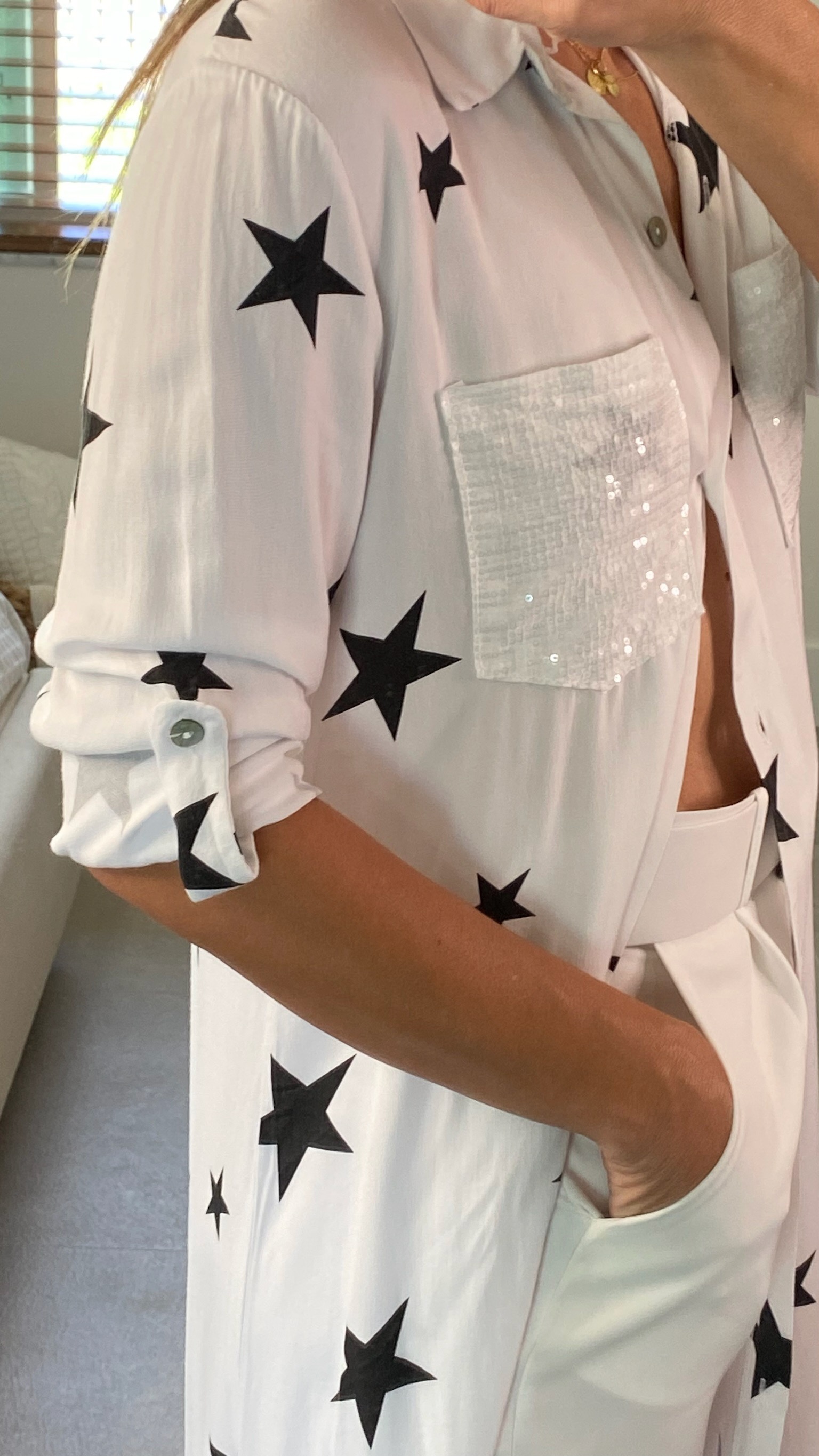 ALL OVER STAR BUTTON DOWN DRESS WITH SEQUIN POCKETS