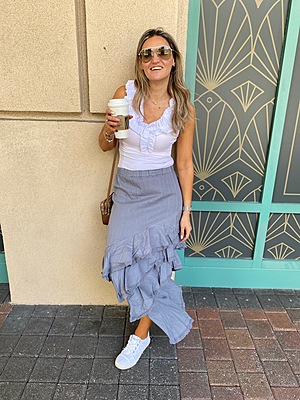 ASYMETRICAL RUFFLE DETAIL MAXI SKIRT WITH TONE TO TONE LACE CROCHET TRIM DETAIL