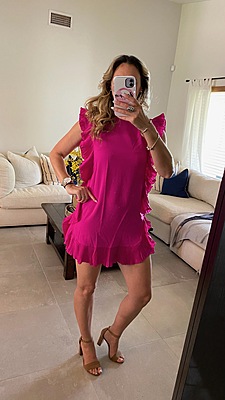 WOVEN DRESS W/ROUND NECKLINE, SIDE RUFFLE TRIM AND BACK BUTTONED HEYHOLE