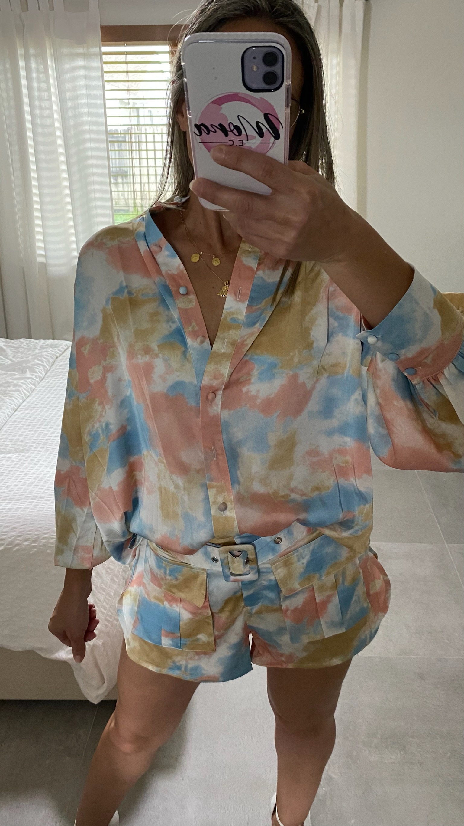 SATIN PRINTED SHIRTS AND SHORT SET. BELT INCLUDED